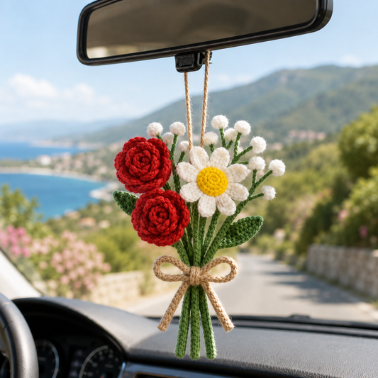 Crochet Rose and Daisy Car Hanging – Handmade Floral Mirror Bouquet