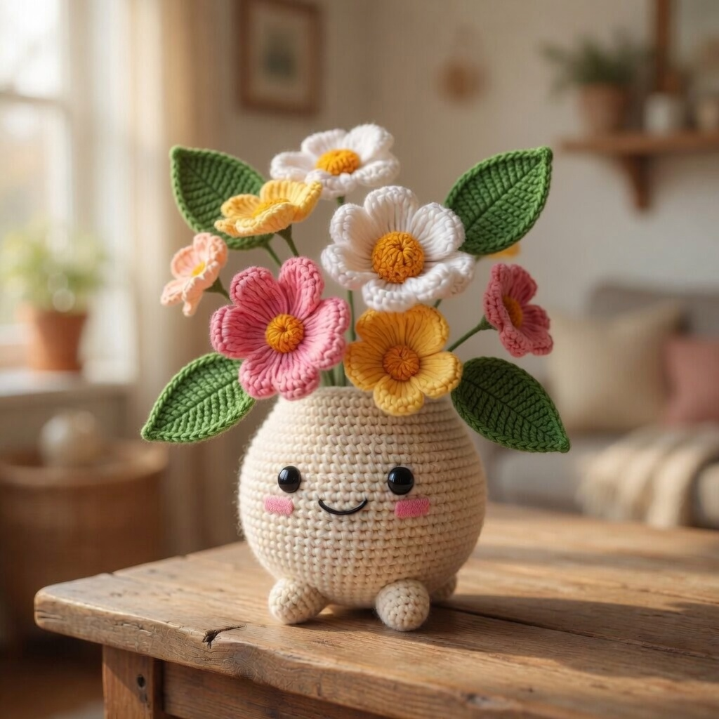 Handmade Crochet Strawberry Bubble Tea with Smiling Daisies – Cute Pink Boba Tea Amigurumi