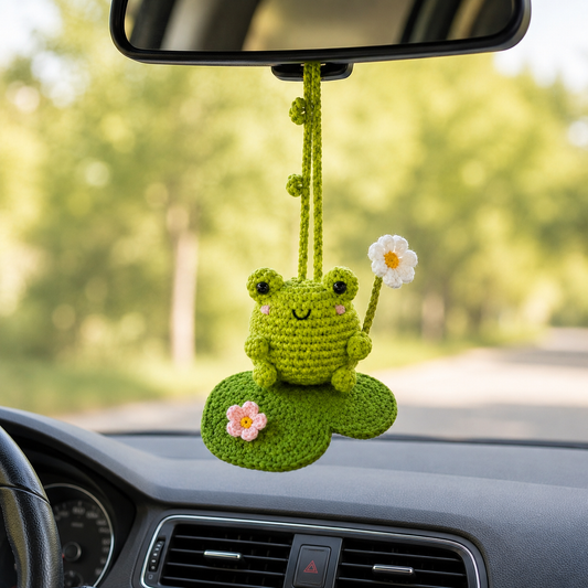Crochet Frog Car Hanging – Handmade Lily Pad Rearview Mirror Ornament