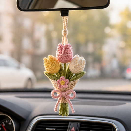 Crochet Tulip Car Hanging – Handmade Floral Rearview Mirror Ornament