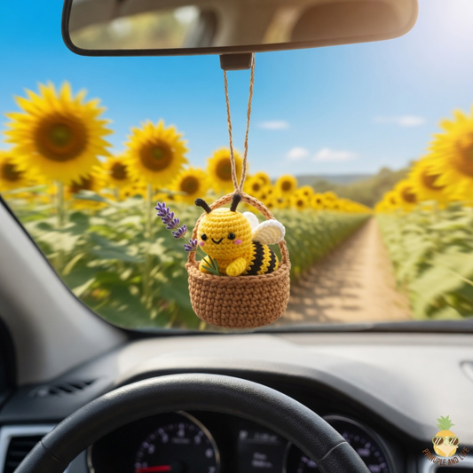 Handmade Crochet Bee Basket Car Charm – Cute Rear View Mirror Ornament