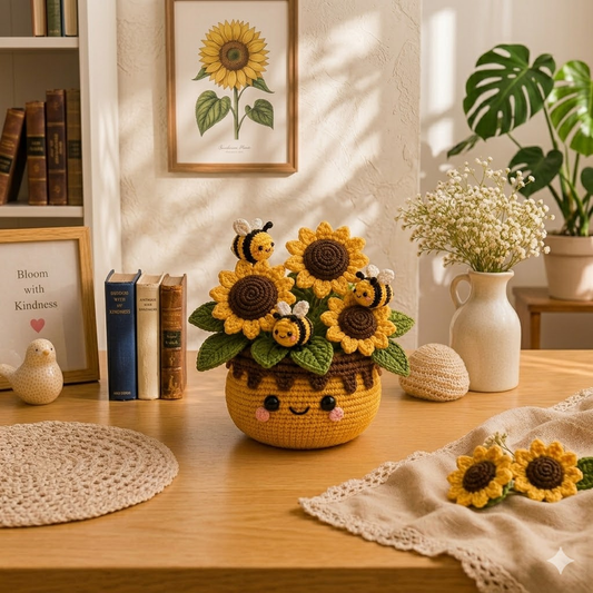 Crochet Sunflower Bouquet with Bees – Handmade Desk Decor Gift