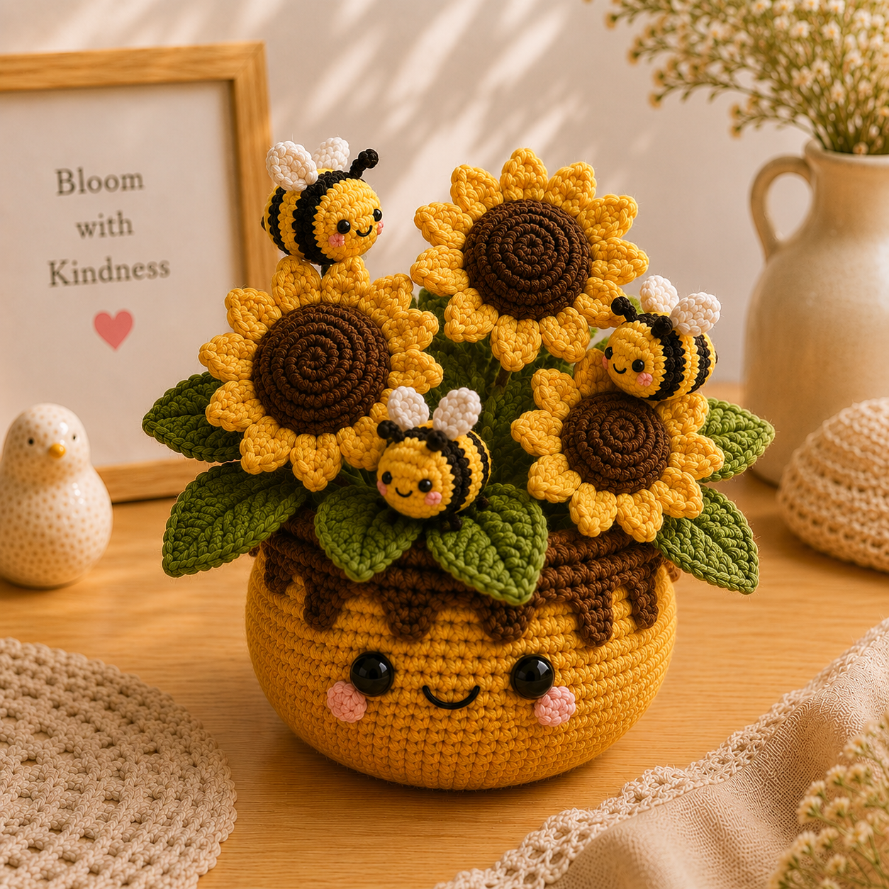 Crochet Sunflower Bouquet with Bees – Handmade Desk Decor Gift