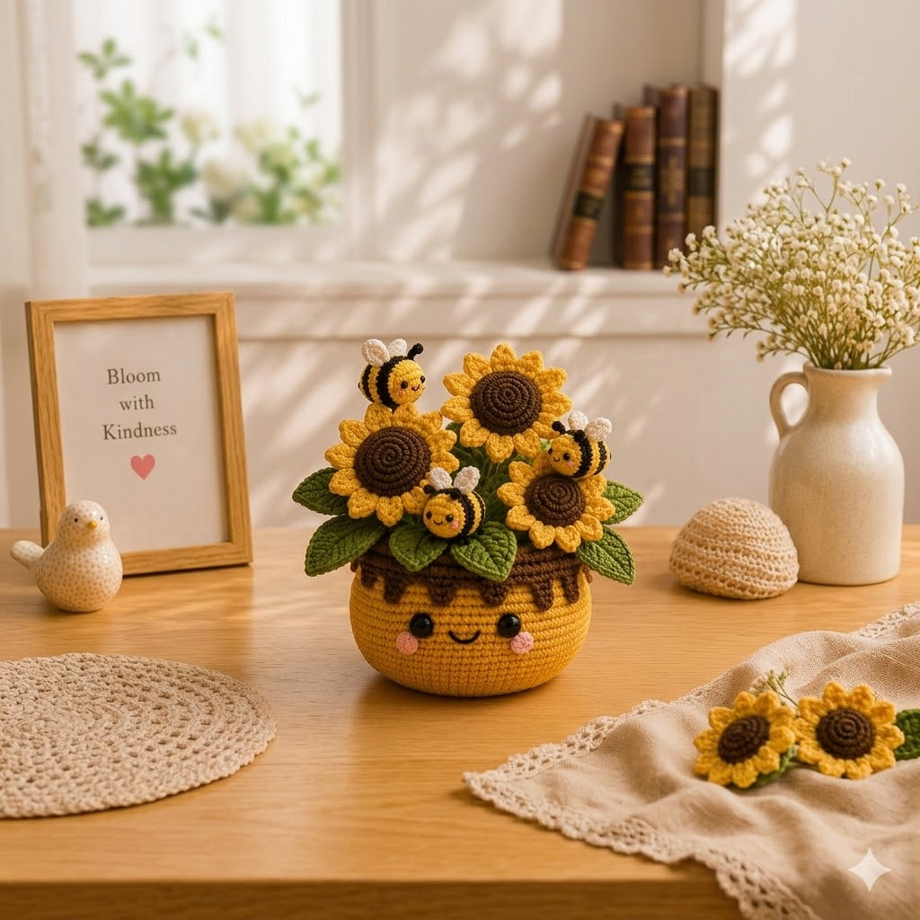 Crochet Sunflower Bouquet with Bees – Handmade Desk Decor Gift
