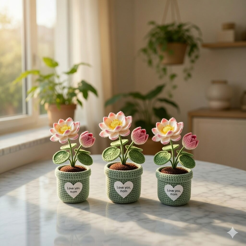 Crochet Lotus Flower Pot – Handmade Zen Desk Decor Gift
