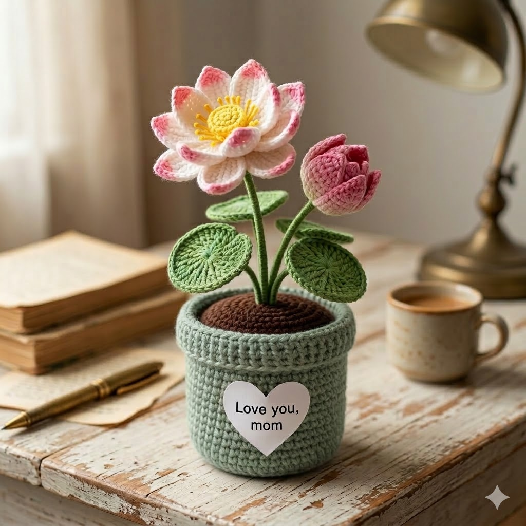 Crochet Lotus Flower Pot – Handmade Zen Desk Decor Gift